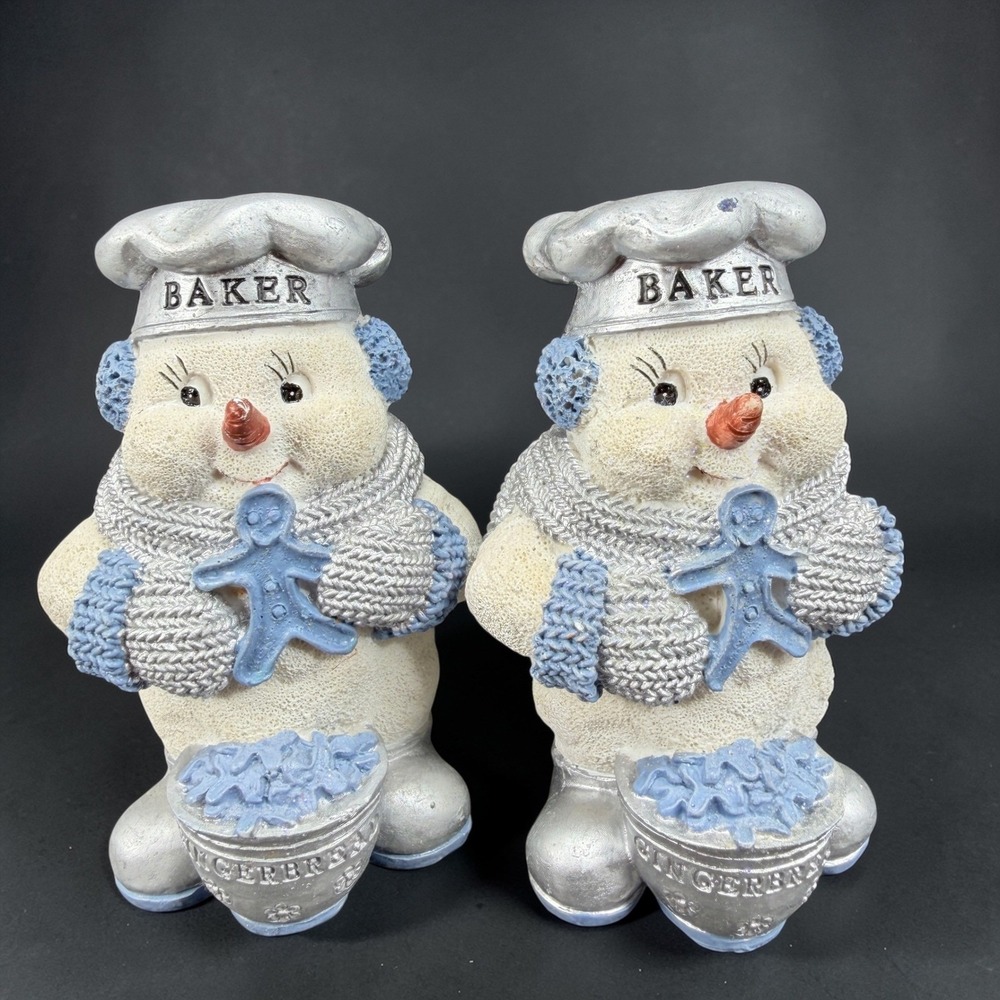 Vintage Encore 1999 EGC Snowman Baker Figurines Set 2 Blue Silver‎ Winter Resin